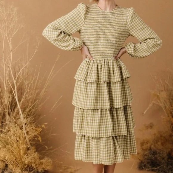 Jessakae Gather Green Gingham Tiered Midi Dress M - Picture 4 of 10